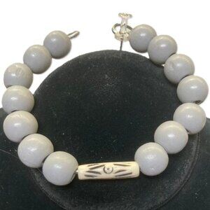 TRIBAL Ethnic Gray White Hand Crafted Black Slip On Bracelet UNISEX 8 inches